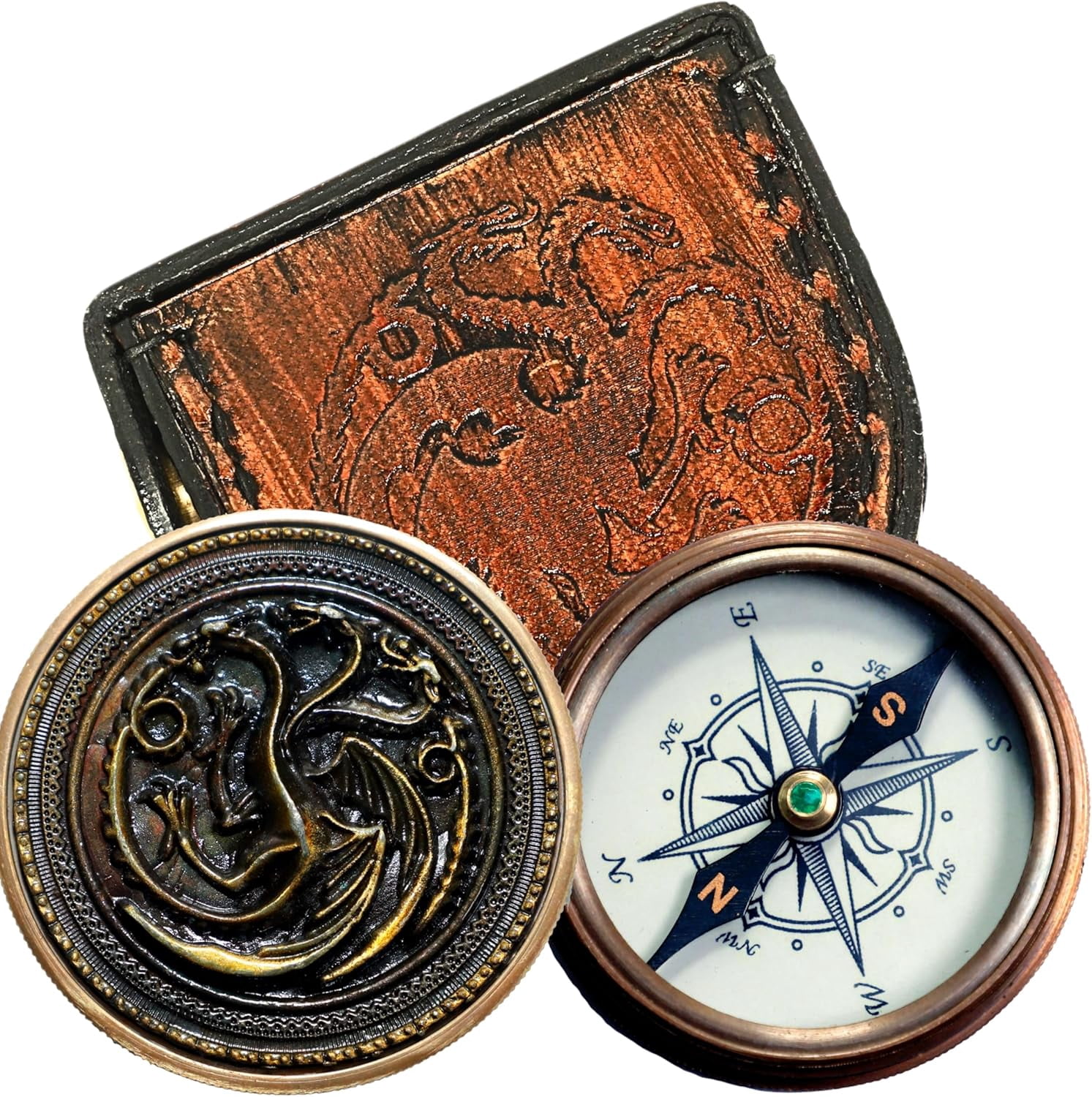 Navy Collection Engraved Flying Dragon 'Fire and Blood' Quote – 2-Inch Antique Finish Collectors' Compass with Premium Leather Case