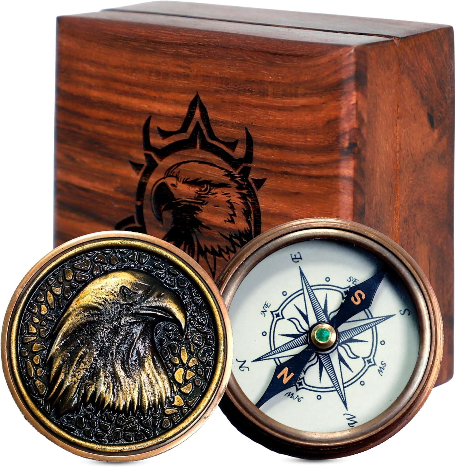 Navy Collection Premium Wooden Box with 2-Inch Compass, Engraved Eagle Handcrafted Wooden Box | Authentic Antique Design | Eagle Embossed Lid for Him