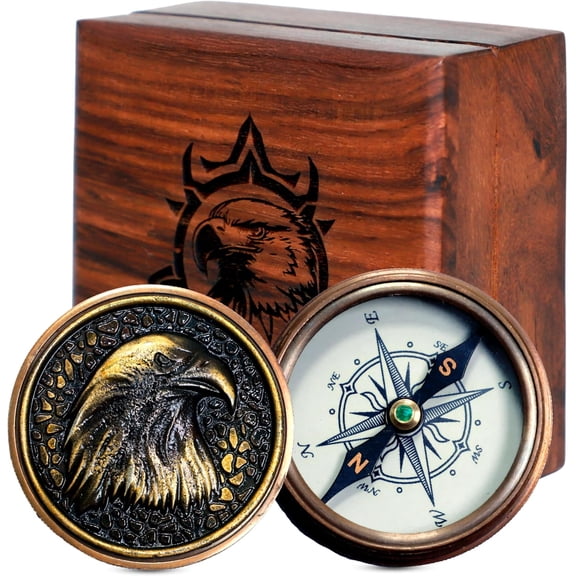 Navy Collection Premium Wooden Box with 2-Inch Compass, Engraved Eagle Handcrafted Wooden Box | Authentic Antique Design | Eagle Embossed Lid for Him