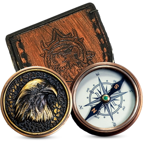 Navy Collection Solid Brass Antique Compass in Leather Case Engraved Eagle Handcrafted Wooden Box | Authentic Mystic Design | Eagle Embossed Lid for Him