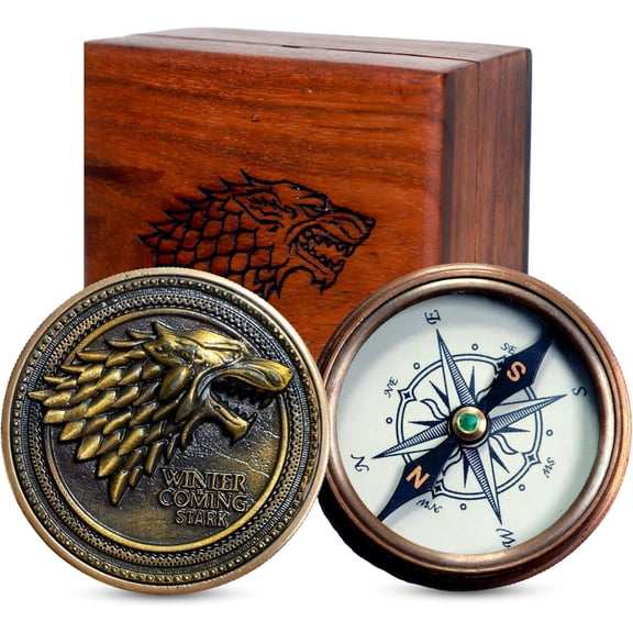 Navy Collection Wolf-Themed Metal Compass with Engraved Wooden Case - Perfect for Game of Thrones Fans and Collectors, Both Featuring Intricate Wolf Engravings -2 Inches