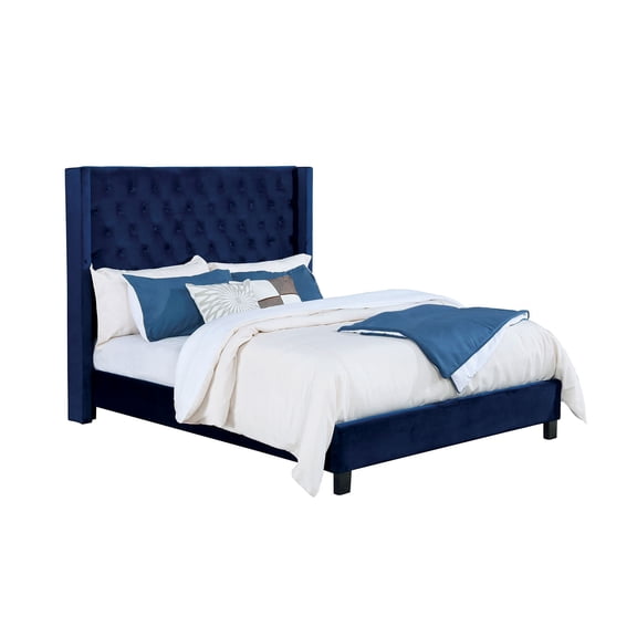 Navy Color 1pc Eastern King Size Bed Wingback Design HB Bedroom Furniture Tufted Upholstered Bedframe Modern