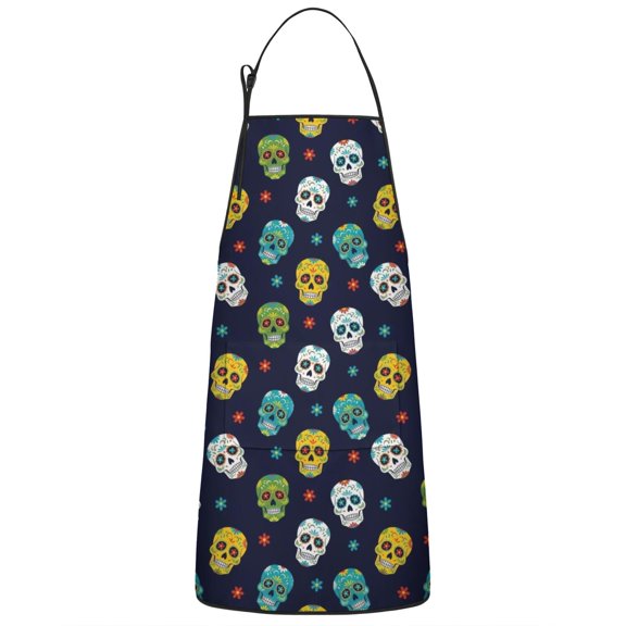 Navy Colorful Skull Pattern Apron-Garden Aprons for Women with Pockets-Cotton Linen Waterproof Kitchen Cooking Gardening Aprons Adjustable for Kitchen,Cooking,BBQ and Salon 33x27 Inch
