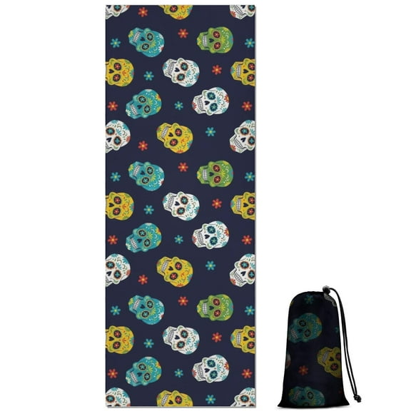 Navy Colorful Skull Pattern Hot Yoga Mat Towel Non Slip for Hot Yoga - Quick-Drying Yoga Mat Cover with 4 Corner Pockets with Travel Bag - Hot Yoga Towel Non Slip Grip Moisture Wicking Sweat 70"x26"