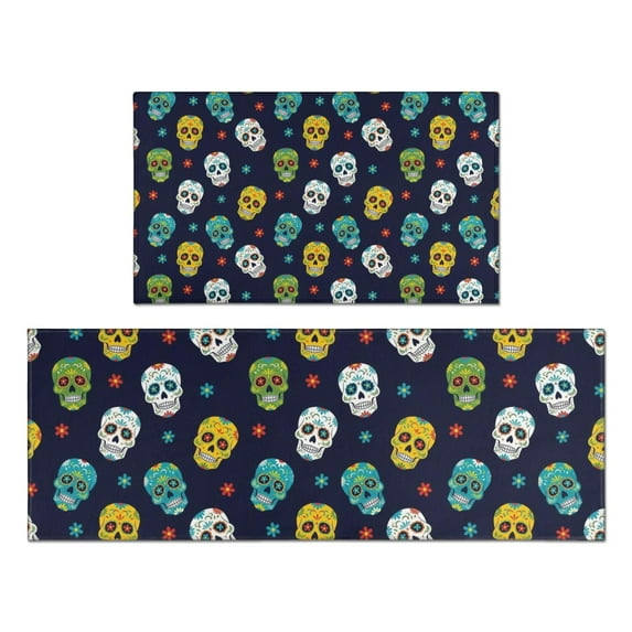 Navy Colorful Skull Pattern Kitchen Rugs Sets Of 2,Anti Fatigue Kitchen Mat Rugs Non Slip Washable,Decorative Kitchen Floor Mats for Kitchen,Sink,Laundry,17"x30"+17"x47"