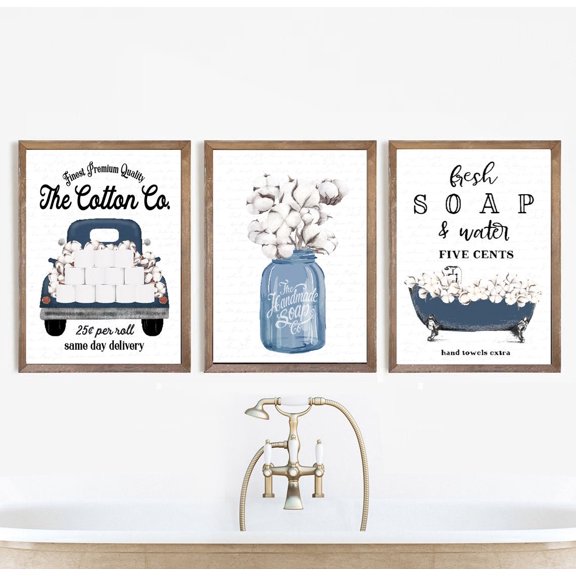 Navy Cotton Bathroom Wall Art Cotton Co Bathroom Wall Decor, Blue Vintage Farmhouse Bathroom Poster Printed Poster, Poster Only