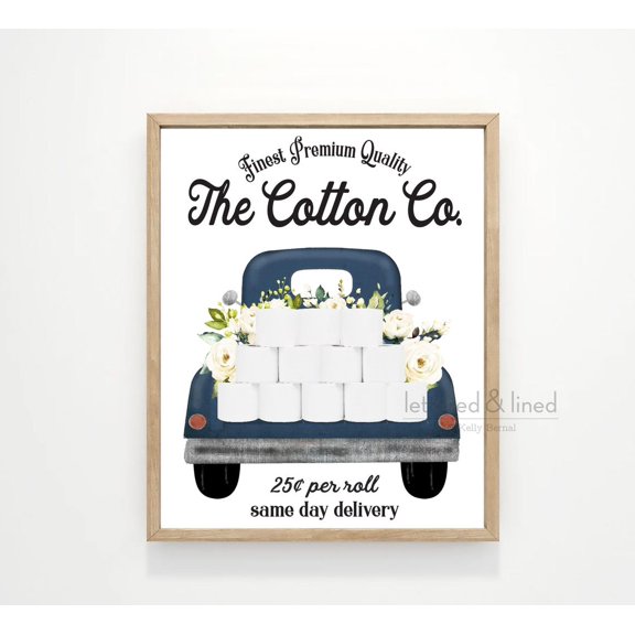 Navy Cotton Co Floral Truck Wall Art Print, Blue 25 Cents Per Roll Delivery, Pr, Bathroom And Gallery Wall Decor