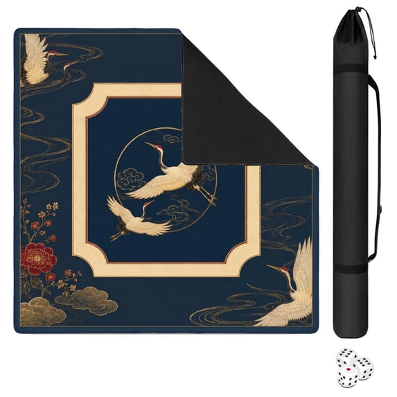 Navy Crane Floral Mahjong Mat 31.5x31.5 Inch | Non-Slip And Noise Reduction Mah Jong Table Mat Cover with Carrying Bag For Mahjong Lovers, Poker, Board Games And Dominoes