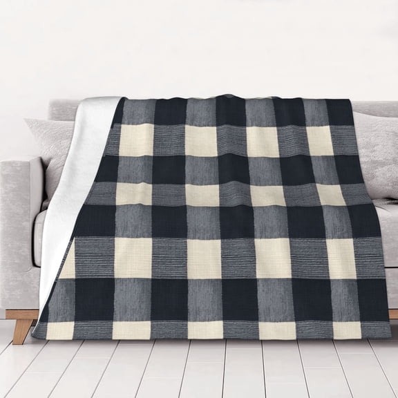 Navy Cream Gingham Print Throws Blanket Fleece Soft Cozy Warm Plush for Travel Chair Bedroom Living Room Sofa 50"x40"