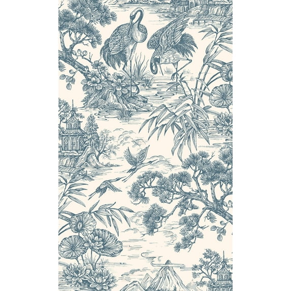 Navy Cream Majestic Crane Tropical Wallpaper