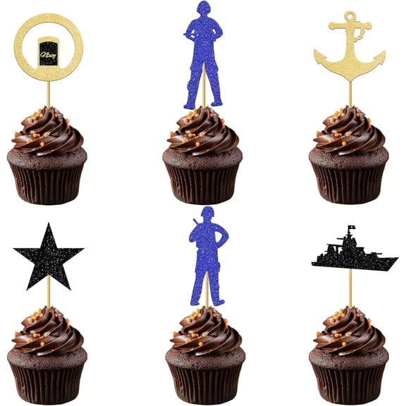 Navy Cupcake Toppers, 12 Pack Glitter Military Party Picks, Anchor, Star, Warship Designs for Birthday, Boot Camp, Welcome Home Party