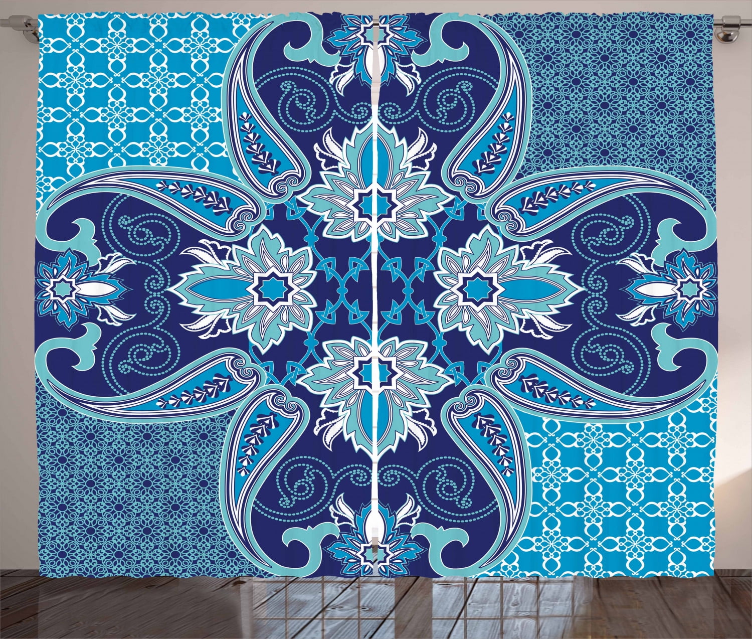 Navy and Sky Blue Polyester Light-Filtering Curtain Panels