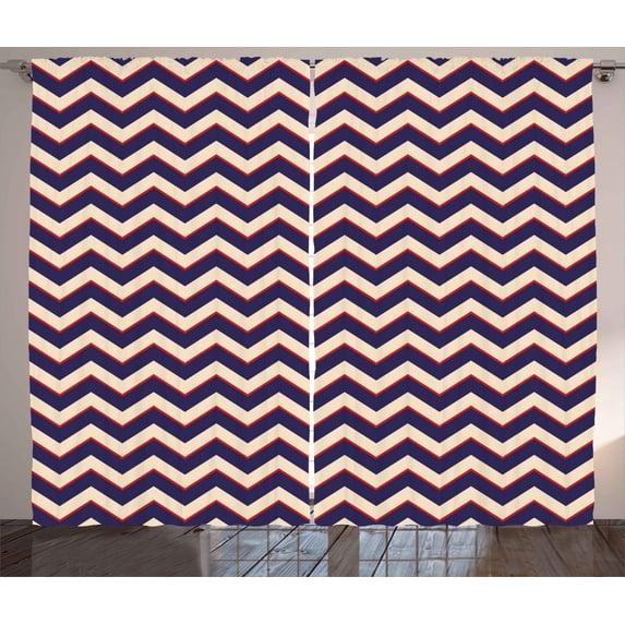 Ambesonne Dark Blue Curtains 2 Panel Set, Zigzag Modern Lines, 108" x 90", Purple Tan Red