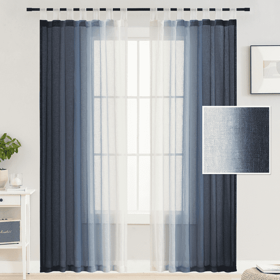 Navy Curtains 84 inch Long Ombre Sheer Curtains - Faux Linen Semi Voile Gradient Tab Top Curtains for Bedroom and Living Room, Set of 2 Window Curtain Panels, W52 x L84