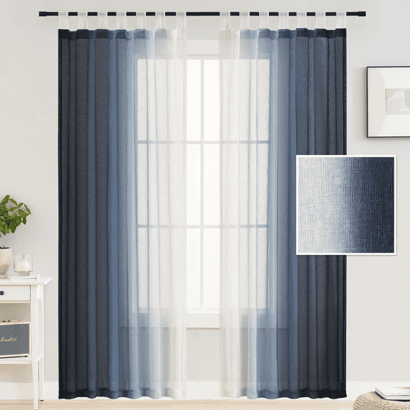 Navy Curtains 84 inch Long Ombre Sheer Curtains - Faux Linen Semi Voile Gradient Tab Top Curtains for Bedroom and Living Room, Set of 2 Window Curtain Panels, W52 x L84