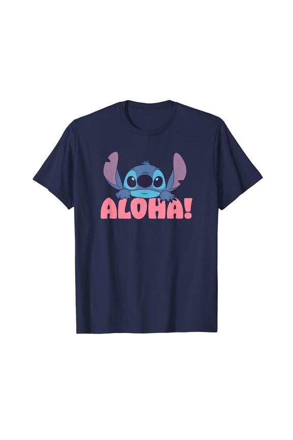Navy Cute Cartoon Character Aloha! Big Face Logo T-Shirt for Fun and Casual Wear
