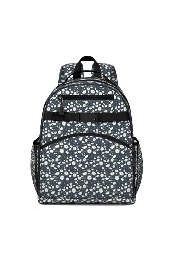 Navy Daisy Flower Floral Pattern Backpack for School,Cute School Bag,Schoolbag with Adjustable Shoulder Straps & Padded Back,15.25"x11.5"x5.25"