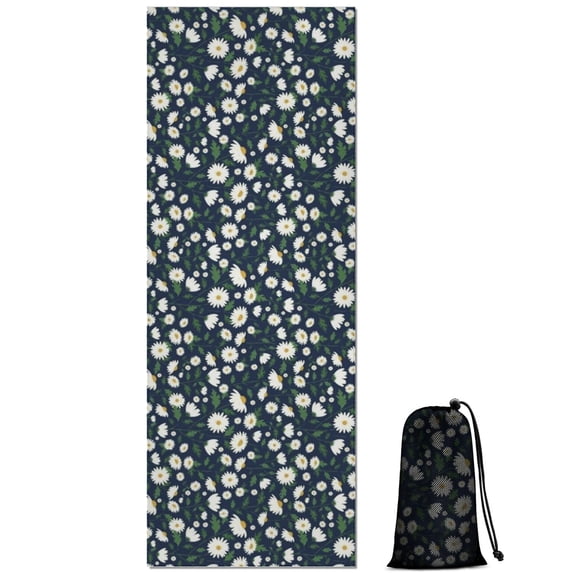 Navy Daisy Flower Floral Pattern Hot Yoga Mat Towel Non Slip for Hot Yoga - Quick-Drying Yoga Mat Cover with 4 Corner Pockets with Travel Bag - Hot Yoga Towel Non Slip 70"x26"