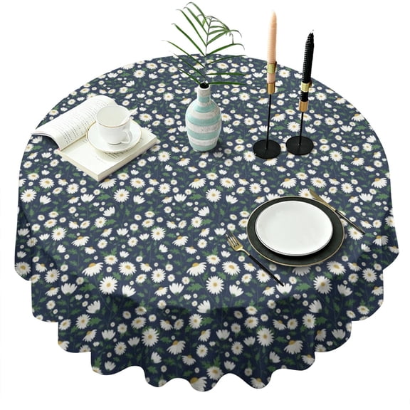 Navy Daisy Flower Floral Pattern Round Tablecloth 60"x60",Wrinkle Wipeable Table Cloth for Kitchen Dining Room Picnic Patio Party