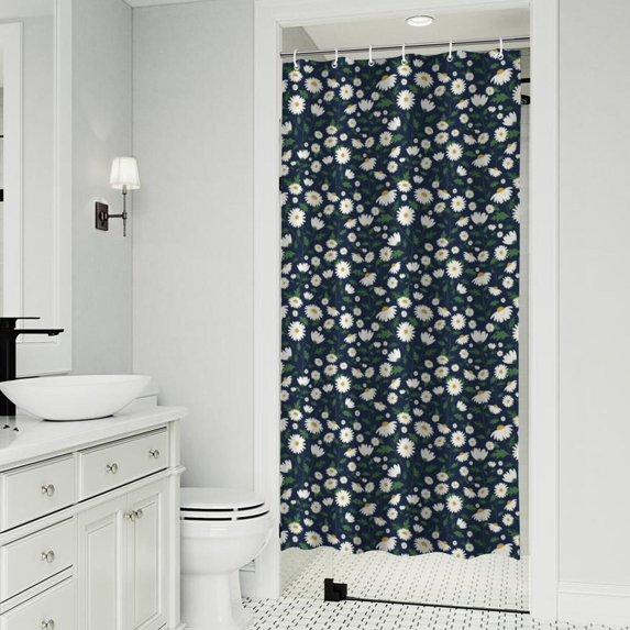 Navy Daisy Flower Floral Pattern Shower Curtain 36"x72" ,Bathroom Decorative Shower Curtains Set with 12 Hooks,Modern Waterproof Washable Shower Curtain