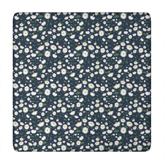 Navy Daisy Flower Floral Pattern Square Fitted Tablecloth with Elastic Edge,Square Table Cover,Washable Elastic Table Cover for Home Kitchen Party Decor 34"x34"