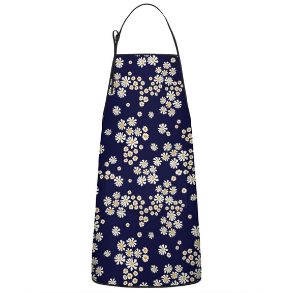 Navy Daisy Flower Pattern Apron-Garden Aprons for Women with Pockets-Cotton Linen Waterproof Kitchen Cooking Gardening Aprons Adjustable for Kitchen,Cooking,BBQ and Salon 33x27 Inch