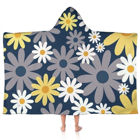 Navy Daisy Flower Pattern Hooded Bath Towel,50"x30" for Ages 3 To 12 Kids, Quick Dry Lightweight Soft Microfiber Hood Beach Towel Cover Up for Kids