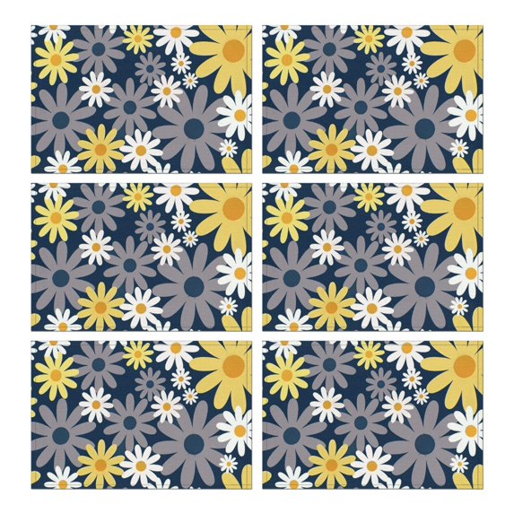 Navy Daisy Flower Pattern Summer Placemats Table Placemats Set Of 6-Linen Kitchen Washable Placemats Table Mats 11.8"x17.7" Non-Slip Heat Resistant