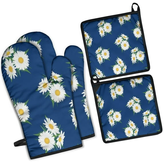 Navy Daisy Flower White Blooms Pattern Kitchen Oven Mitt and Pot Holder Sets 4 Pcs for Baking, Cooking and Grilling, Heat Resistant Up To 392 °F
