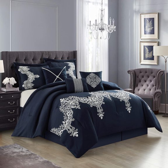 Navy Damask Patchwork Comforter Sets King Size Bed, 7 Piece, Chain Stitching Embroidery Ultra Soft, Premium Microfiber, All Season