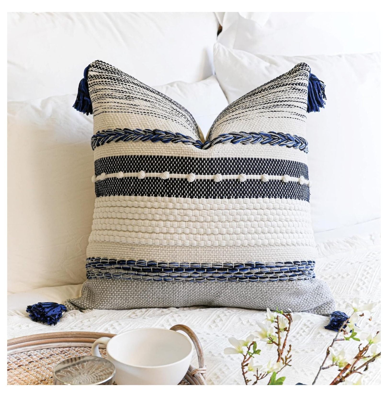 Navy Dark Blue Boho Throw Pillow Cover 22x22 Grey Decorative Accent Pillow for Couch Square Woven Textured Pillowcase Modern Boho Pillow for Bed Bohemian Pillow Cover Pack of 1 Walmart