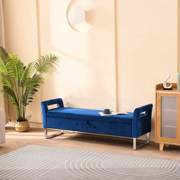 Navy Decorative Velvet Storage Bench / Soft Seating and Item Organization