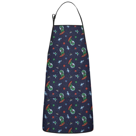 Navy Dinosaurs Space Surfing Pattern Apron-Garden Aprons for Women with Pockets-Cotton Linen Waterproof Kitchen Cooking Gardening Aprons Adjustable for Kitchen,Cooking,BBQ and Salon 33x27 Inch