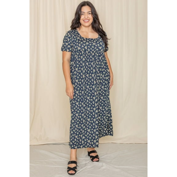 Navy Ditsy Floral Puff Sleeve Empire Waist Maxi Dress_Plus
