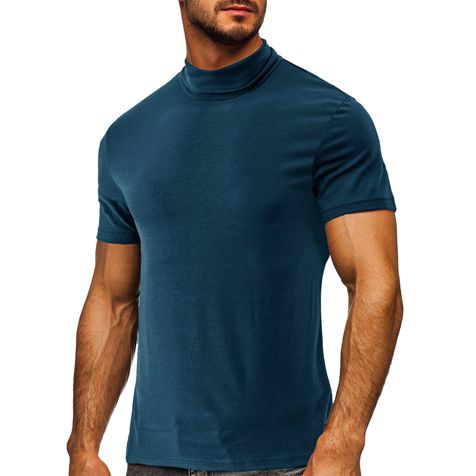 Male Summer Solid Print T Shirt Turn Down Collar Raglan Sleeve Tops T Shirt  Mock Neck Shirts for Men