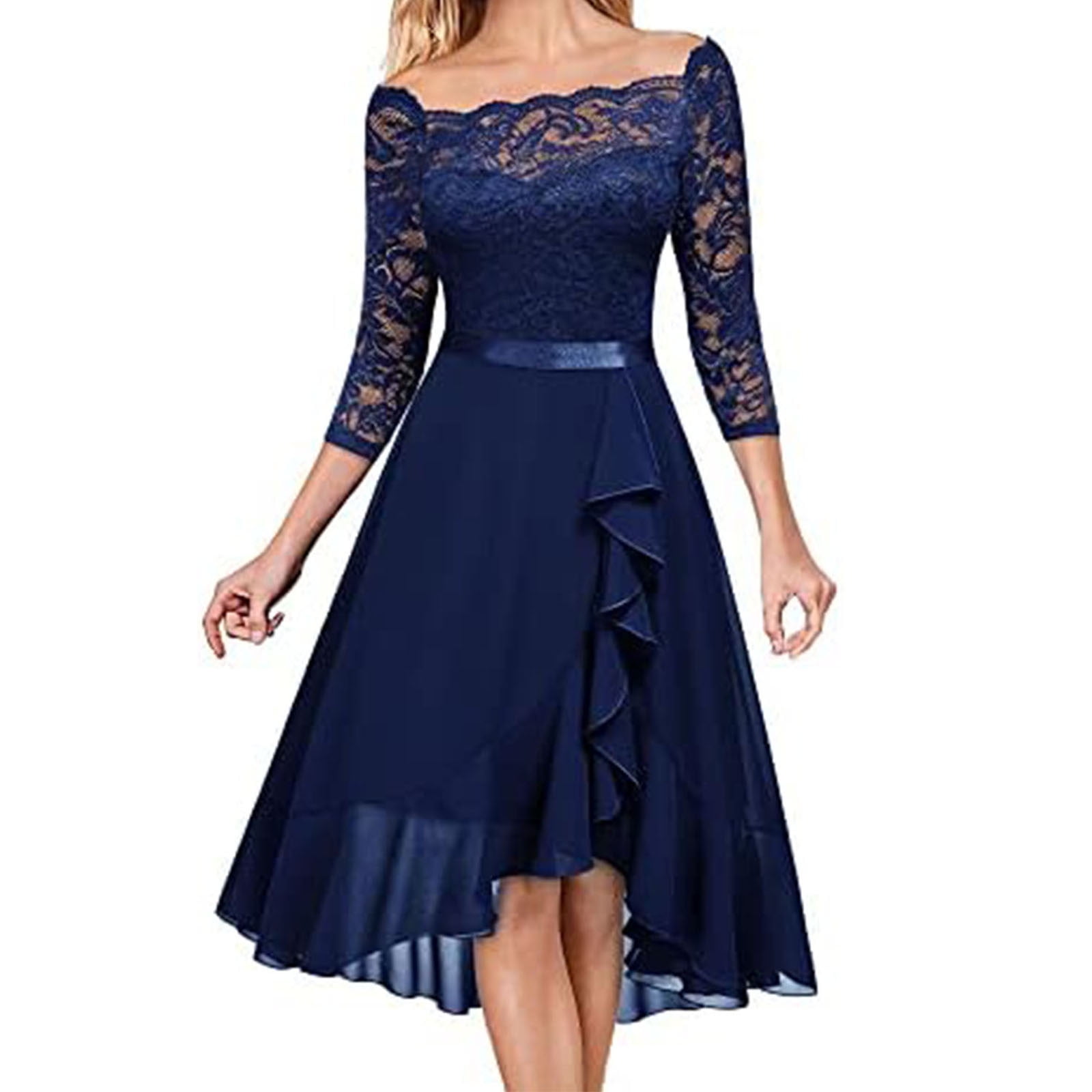 3/4 Sleeve Off Shoulder Solid Color Mini V Neck High Waist Lace Dresses 3/4 Sleeve Off Shoulder Solid Color Mini V Neck High Waist Lace Dresses