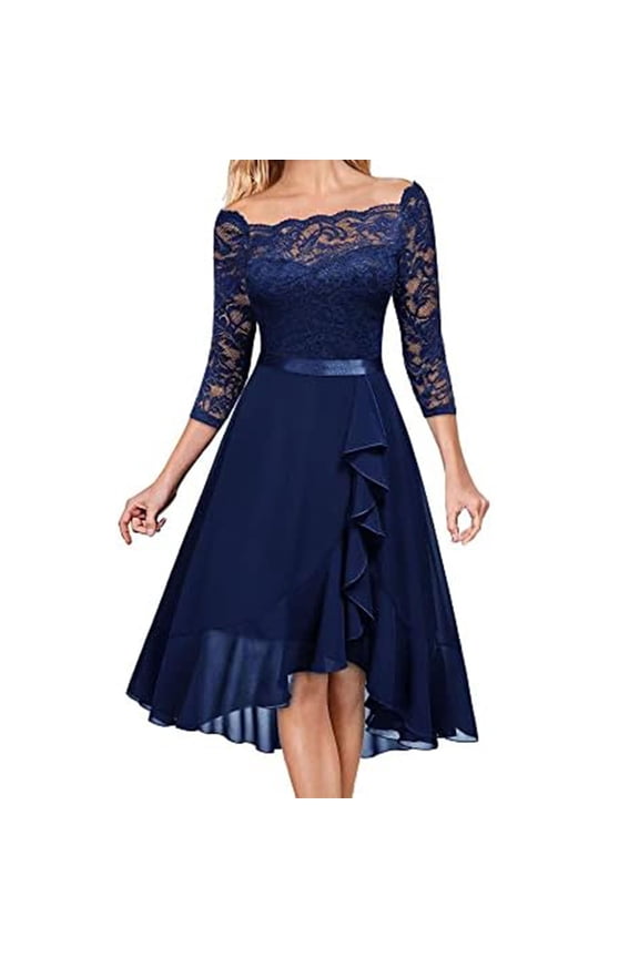 Navy Dresses for Women Solid Color Short Sleeve Lace Dress Square Neck Slim Fit Vintage Cocktail Formal Prom Dress Midi Retro Elegant A-Line Blouse Waisted Pleated Swing Hem Dress,L