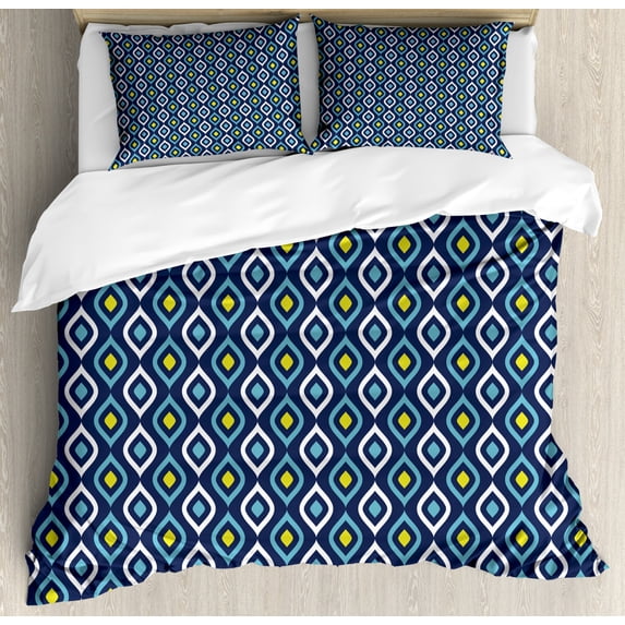 Navy Duvet Cover Set, Abstract Leaf Form with Inner Circle Spots in Vibrant Tones Hippie Pattern, Decorative 3 Piece Bedding Set with 2 Pillow Shams, Queen Size, Dark Blue Yellow White, by Ambesonne