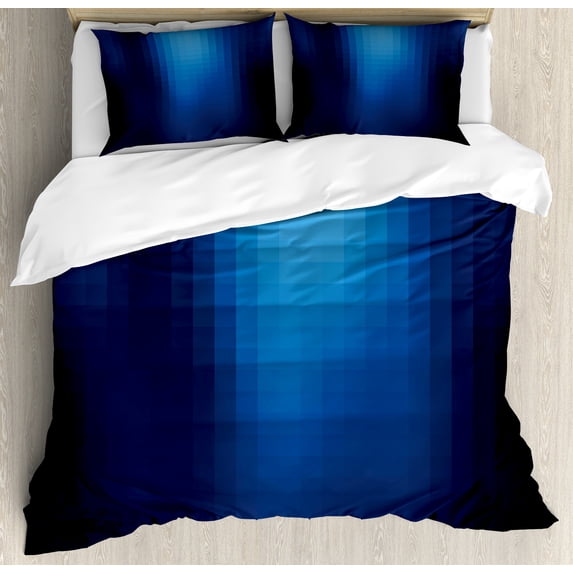 Navy Duvet Cover Set, Blurry Mosaic Like Pixel Squares in Blue Ombre Colors Image, Decorative 3 Piece Bedding Set with 2 Pillow Shams, Queen Size, Turquoise Pale Blue, by Ambesonne