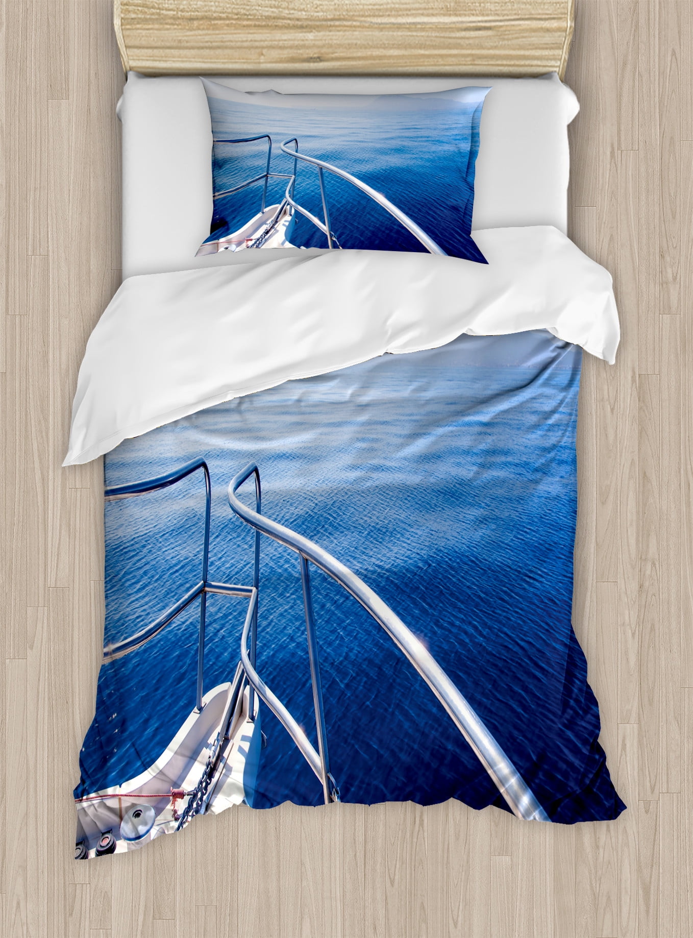 Navy Duvet Cover Set, Boat Show Ocean Sea Life with Ship Yacht ...