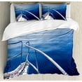 thumbnail image 1 of Navy Duvet Cover Set, Boat Show Ocean Sea Life with Ship Yacht Landscape of Islands Image Photo, Decorative 3 Piece Bedding Set with 2 Pillow Shams, Calking Size, Navy Blue and White, by Ambesonne, 1 of 3