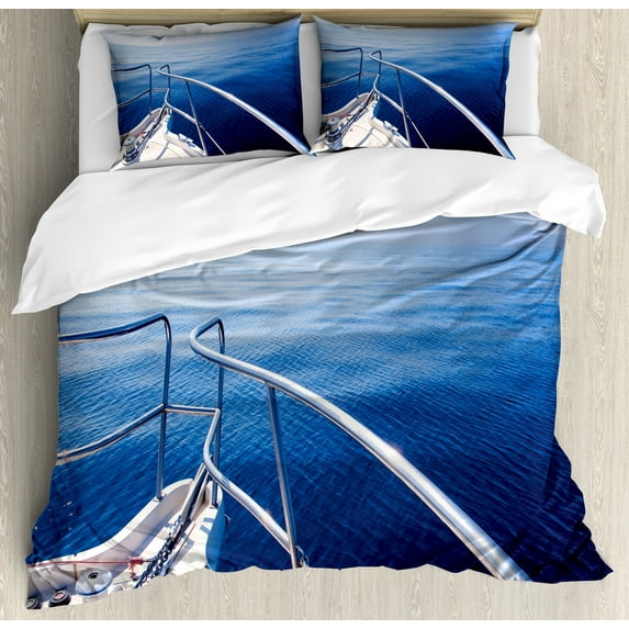 Navy Duvet Cover Set, Boat Show Ocean Sea Life with Ship Yacht Landscape of Islands Image Photo, Decorative 3 Piece Bedding Set with 2 Pillow Shams, King Size, Navy Blue and White, by Ambesonne