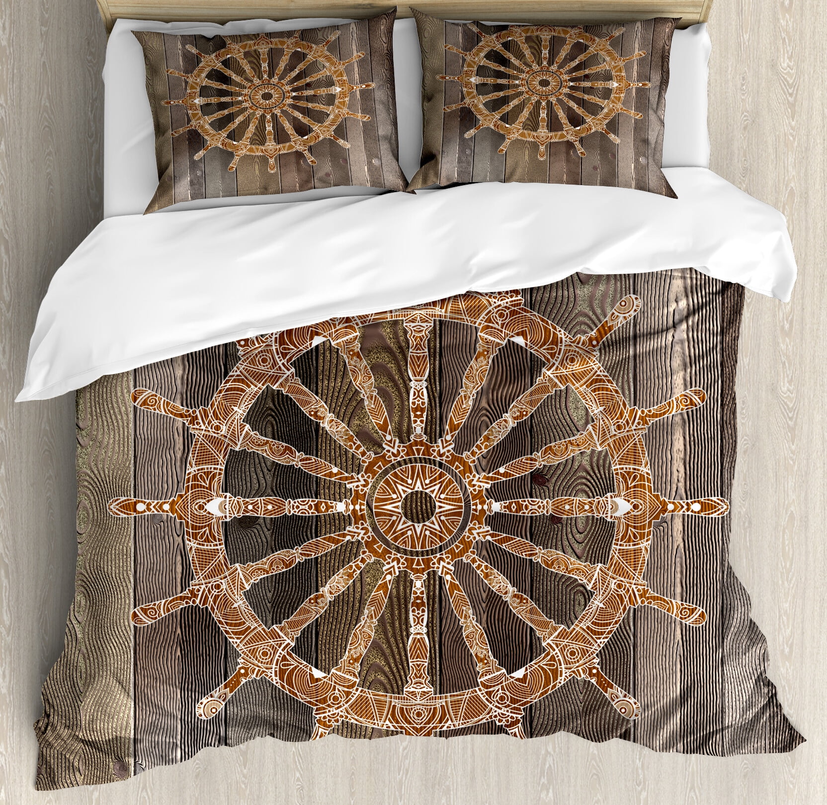 Queen Umber Brown Nautical Ship Wheel Duvet Cover Set