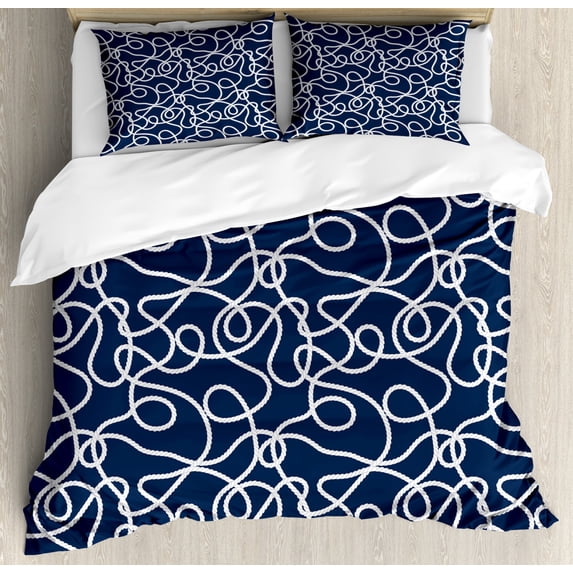 Navy Duvet Cover Set Queen Size, Under the Sea Atlantic Ocean Inspired Tangled Boat Ship Marine Ropes Image, Decorative 3 Piece Bedding Set with 2 Pillow Shams, Navy Blue and White, by Ambesonne