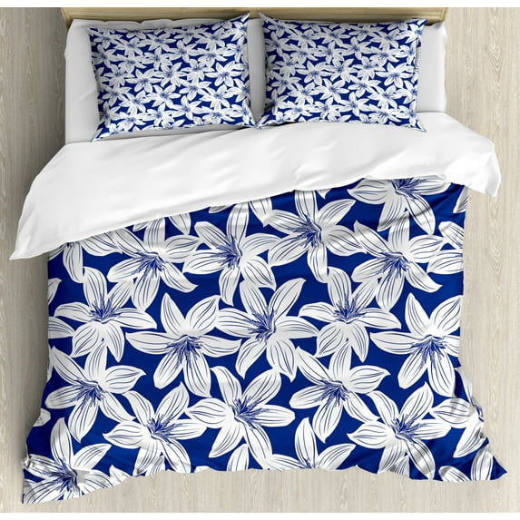 Navy Duvet Cover Set Queen Size, Tropical Hibiscus Flower Petals Exotic Blossoms Hawaiian Holiday Style Image, Decorative 3 Piece Bedding Set with 2 Pillow Shams, White Dark Blue, by Ambesonne