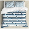 thumbnail image 1 of Navy Duvet Cover Set, Ship Boat Sea Life and Marine Nautical Knots as Border Lines Art Print, Decorative 3 Piece Bedding Set with 2 Pillow Shams, King Size, Navy Blue and White, by Ambesonne, 1 of 3