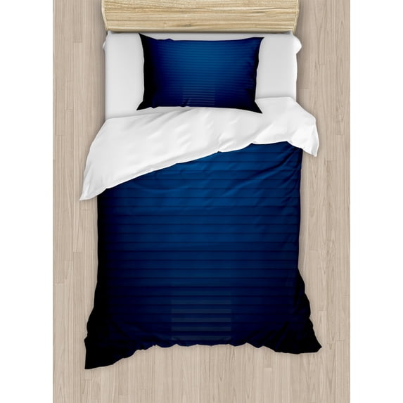 Navy Duvet Cover Set Twin Size, Digital Stylized Horizontal Lines Ombre Effects Modern Urban Style Art Illustration, Decorative 2 Piece Bedding Set with 1 Pillow Sham, Dark Blue, by Ambesonne
