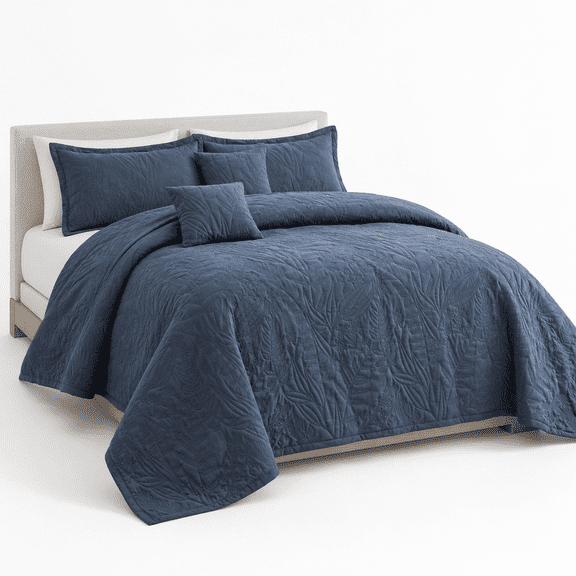 Navy Extra Wide Super King (128" x 120") Botanical Stitched Bedspread Set