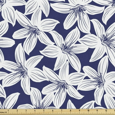 Ambesonne Hawaiian Fabric by the Yard Upholstery, Hibiscus Flower Petals, 5 Yards, White Dark Blue