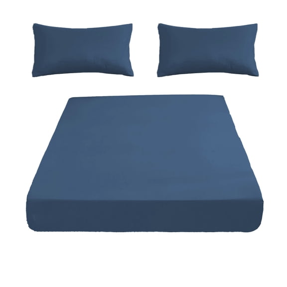 Navy Fitted Sheet And Pillowcase Set 3 Piece Queen Size Bed Sheet Set Navy With 1 Fitted Sheet And 2 Pillow Cases Non Slip Elastic 87X71 Inch